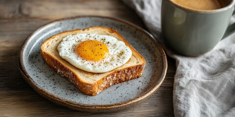 Poster - Toaster bread topped with a half boiled egg is beautifully presented on a plate alongside a cup of coffee. This toaster bread creation adds a cozy touch to any setting with ample copy space.