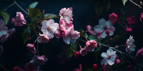 Poster - Close up of vibrant spring flowers featuring cherry blossoms against a dark background, highlighting the delicate beauty of cherry blooms in full spring display.