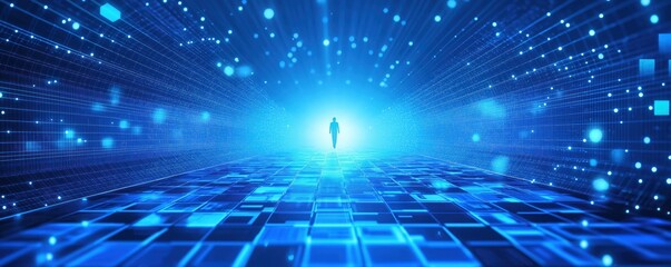 Poster - Abstract tech illustration shows person walking forward in futuristic pathway. Blue geometric patterns, glowing lights create dynamic digital tunnel. Modern tech concept shows progress, innovation in