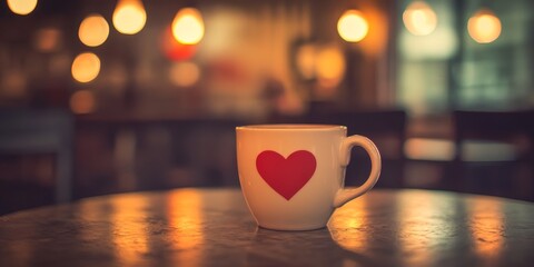 Poster - Vintage color tone showcasing a cup of coffee adorned with a red heart resting on a table in a cozy coffee shop ambiance, creating a charming atmosphere for coffee lovers.