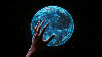 Poster - Human arm or hand or palm is touching Planet Earth. Digital image of Globe. Low poly blue. Polygonal abstract technology or religion  illustration. Digital vector illustration of world as a starry sky