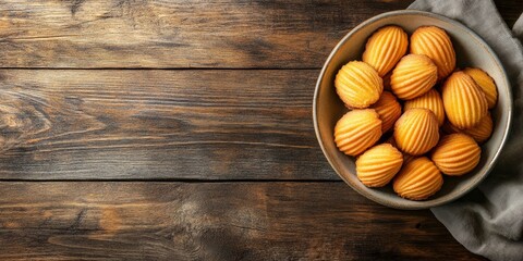 Poster - Delicious French dessert biscuits, known as Madeleine cookies, create a delightful sweet meal or snack, perfectly arranged on a rustic table with ample copy space for an appealing food background.