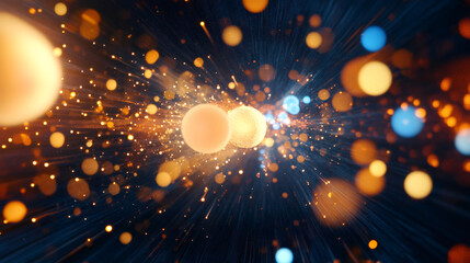 Poster - Two glowing spheres emitting light particles and creating a beautiful bokeh effect in dark space