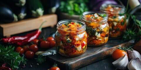 Poster - Vegetable eggplant caviar presented in glass jars, beautifully arranged on a dark wooden table, showcasing the rich texture and vibrant colors of the eggplant caviar and vegetables.