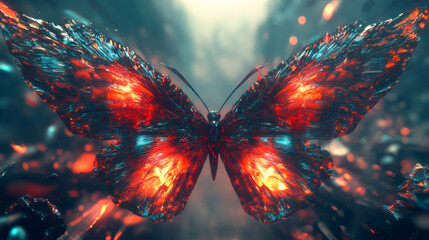 Poster - Radiant butterfly dances through a magical woodland, adorned with shimmering hues and bringing a pop of color to the shadowy setting. Ideal for distinctive backgrounds or wallpapers