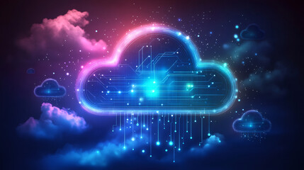 Poster - Cloud computing electronic circuit transferring data and storing information with futuristic digital lines and colorful lights