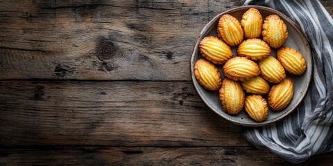 Poster - Delicious French dessert biscuits, known as Madeleine cookies, create a delightful sweet meal or snack, perfectly arranged on a rustic table with ample copy space for an appealing food background.