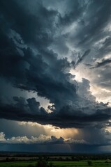 Wall Mural - Dramatic sky with storm clouds before rain. Panoramic view of the stormy sky and dark clouds. Concept on the theme of weather, natural disasters, typhoon.