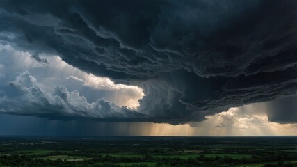 Wall Mural - Dramatic sky with storm clouds before rain. Panoramic view of the stormy sky and dark clouds. Concept on the theme of weather, natural disasters, typhoon.