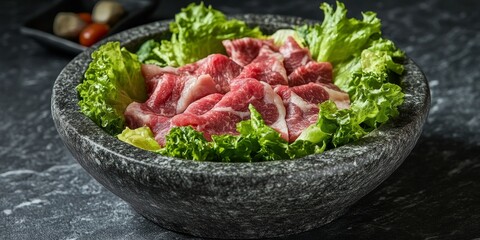 Aufkleber - Fresh raw meat served with crisp lettuce in a beautiful porcelain mortar, highlighting the enticing combination of raw meat and vibrant greens in culinary presentation.