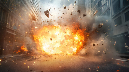 Poster - Powerful explosion rocks city street, sending fire, debris, and smoke billowing into the air, causing destruction and chaos