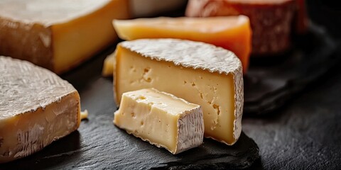 Poster - Cheese displayed on a slate surface, highlighting the rich texture and color of the cheese. This close up of cheese showcases its unique characteristics and appealing details.