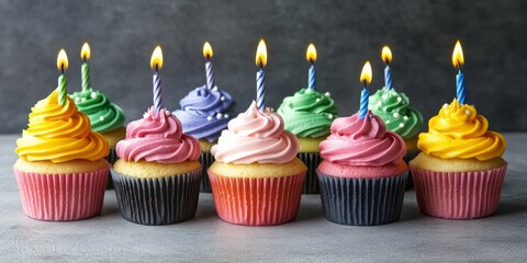 Leinwandbilder - Delicious birthday cupcakes beautifully displayed on a gray background, showcasing the vibrant colors and tempting textures of these delightful birthday cupcakes. Perfect for any celebration.