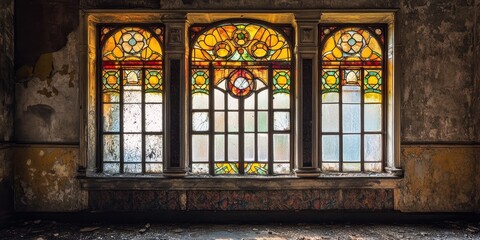 Poster - Beauty of decay is evident in this vintage stained glass window, showcasing the allure of decay within an abandoned villa s shadowy interior. Explore the beauty of decay through this captivating