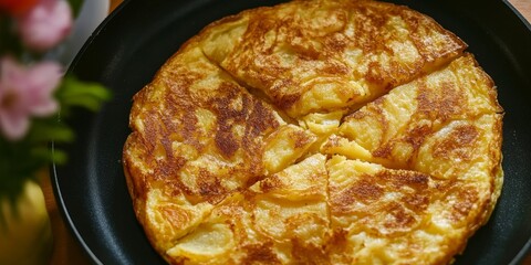 Poster - Traditional potato tortilla, also known as an omelette, showcased in a black pan from a top view perspective, highlighting the delicious layers of the traditional potato tortilla.