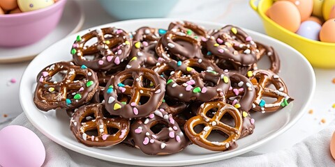 Aufkleber - Chocolate covered pretzels topped with carrot flavor are beautifully arranged on a white serving plate, perfect for adding a festive touch to your Easter table celebrations.