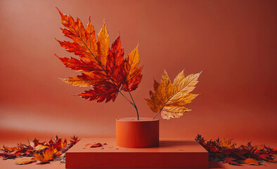 Aufkleber - Two leaves are on a red base. The leaves are orange and are on top of a pile of leaves