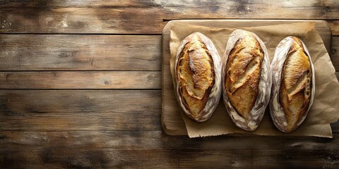 Poster - Freshly baked bread displayed on a rustic wooden background, showcasing the appetizing texture and golden crust of the delicious bread, perfect for culinary and food photography.