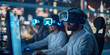 © HQAsset - Immersive VR Gaming Experience: People wearing headsets interact in a futuristic cityscape at night, showcasing advanced virtual reality technology.