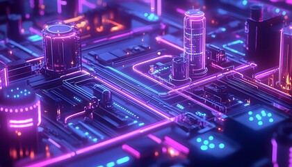 Poster - A vibrant, futuristic digital landscape showcasing intricate circuits and neon lights. Perfect for illustrating themes of innovation, technology, and electronic advancements.