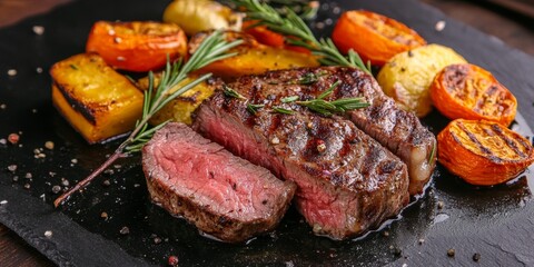 Aufkleber - Juicy entrecote steak paired with perfectly roasted vegetables creates a delightful dish, highlighting the rich flavors of the entrecote steak and the wholesome goodness of roasted vegetables.