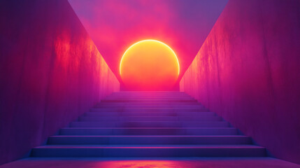 Aufkleber - Synthwave style concrete corridor with pink and purple neon lights and a white stairway leading to a bright yellow light