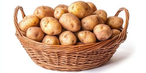 Aufkleber - Basket filled with fresh potatoes isolated on a clean white background, showcasing the natural texture and color of the potatoes, ideal for food related projects featuring potatoes.