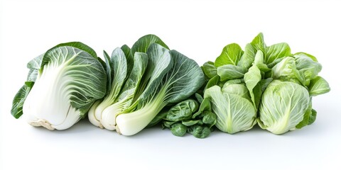 Poster - Fresh bok choy and cabbage displayed in isolation on a white background, showcasing the vibrant freshness of bok choy and the rich textures of cabbage for culinary inspiration.