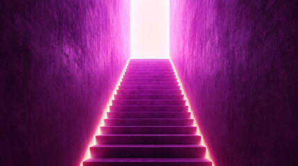 Poster - Glowing purple staircase leading to a bright light in an empty room with textured walls, creating a mysterious and futuristic atmosphere