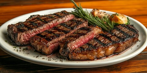 Aufkleber - Delicious fresh grilled beef steak featuring Prime Black Angus Striploin, Rib eye, and Denver served on a dish atop a rustic wooden table, perfect for meat lovers and culinary enthusiasts.