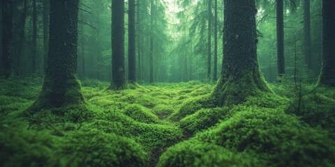 Aufkleber - Tranquil Finnish forest scene capturing a silent moment amid lush greenery. This peaceful atmosphere features moss covered ground and has a vintage effect enhancing the serene Finnish forest beauty.
