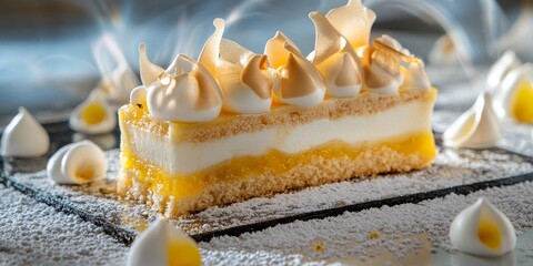 Poster - Texture of a delightful passion fruit biscuit cake accompanied by light meringue, showcasing the unique texture and flavors of passion fruit in this exquisite dessert creation.