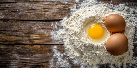 Poster - Flour and eggs arranged thoughtfully on a rustic wooden background, highlighting the essential ingredients of baking. This composition features flour and eggs, perfect for culinary themes.