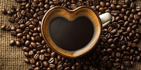 Aufkleber - Heart shaped arrangement of coffee beans surrounding a mug of freshly brewed coffee, showcasing the warmth and love for coffee in this delightful composition of coffee beans and coffee.