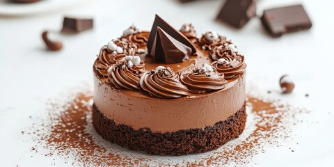 Aufkleber - Delicious chocolate cake adorned with rich icing and sprinkled with cocoa powder, beautifully presented on a clean white table, creating an enticing dessert experience with chocolate cake.