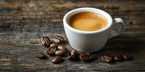 Poster - Espresso served in a white cup, accompanied by coffee beans, creates a perfect scene on a wooden background, highlighting the rich essence of espresso and the allure of coffee beans.