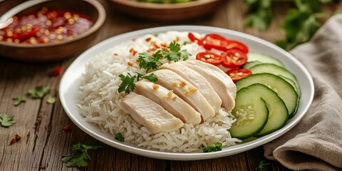 Poster - Macro shot showcasing chicken rice elegantly served in a white porcelain plate on a rustic wooden table, highlighting the presentation of chicken rice for buying options now.