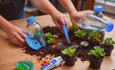 Poster - Person is holding a bottle of water and a bottle of blue paint. They are painting a plant pot