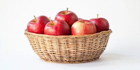 Aufkleber - Fresh red apples displayed in a wicker basket, elegantly isolated against a clean white background, highlighting the vibrant color of the red apples and their natural appeal.