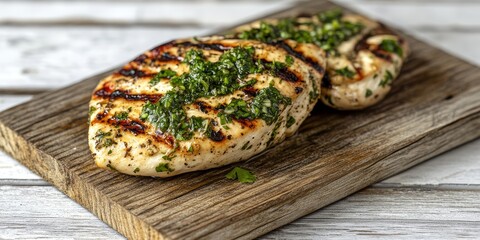 Poster - Savory grilled chimichurri chicken breast displayed on a rustic wooden board, enhancing the texture and colors against a white wooden background in a close up side view.