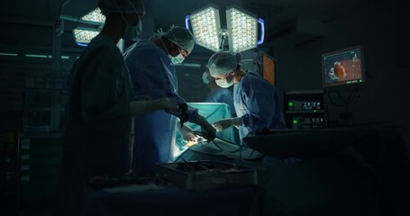 Poster - Dark Operating Room with a Diverse Team Performing a Precise Surgical Procedure as Teamwork and Under Surgical Light. Female Surgeon Using Laparoscopy Instruments and Forceps for the Operation