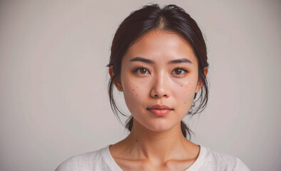 Poster - Woman with brown hair and brown eyes. She is wearing a white shirt. She has a ponytail