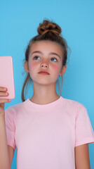 Wall Mural - Ultra detailed photograph of a young girl taking selfie with smartphone, candid pose, three-quarter view, solid pastel blue background.