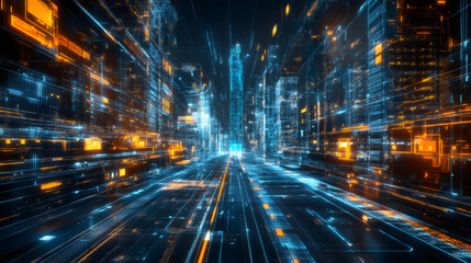 Poster - Futuristic skyscrapers in a smart city showcase interconnected urban development with digital data flows