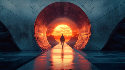 Aufkleber - Businessman walking in concrete tunnel toward bright sunset light at the end, hope and future concept
