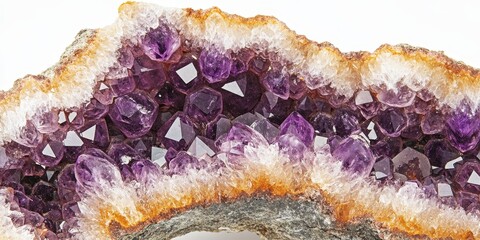 Aufkleber - Macro close up of an amethyst crystal druse showcasing its intricate textures and vivid colors against a white background, highlighting the beauty of the amethyst crystal druse in detail.