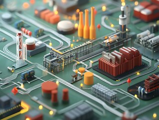 Poster - A detailed view of an industrial circuit board showcasing various components like factories, pipelines, and storage units