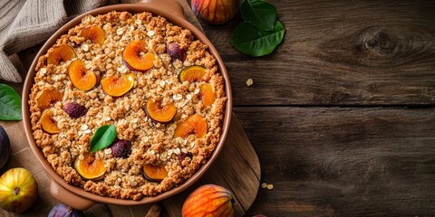 Aufkleber - Delicious fruit crumble featuring oat flakes, persimmon, and fig presented on a rustic wooden table. This fruit crumble highlights the delightful combination of flavors in every bite.
