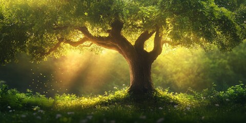 Aufkleber - Tree in a lush forest showcasing the beauty of nature, where the tree stands tall against a vibrant nature background, highlighting the harmony of the tree and its forest environment.