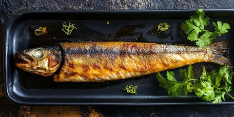 Poster - Golden smoked fish presented artfully, showcasing its rich color and texture, perfect for culinary imagery of golden smoked fish, appealing to food enthusiasts and gourmet presentations.
